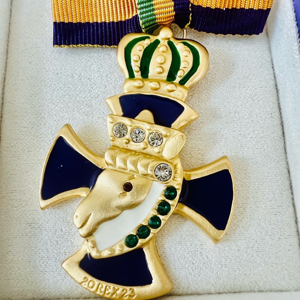 Mardi Gras Rex 2023 Crown & Enamel Ram Cross Pin- Navy, Green, Gold